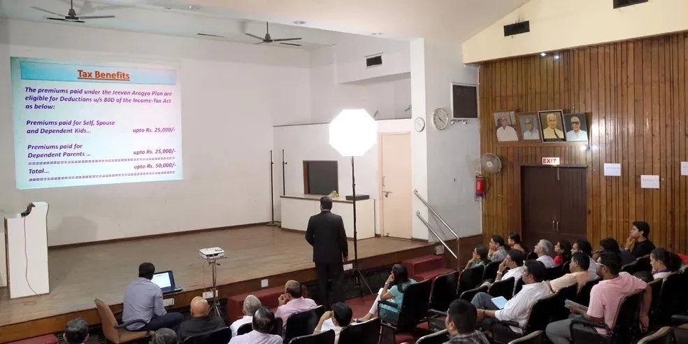 Wider view of the Health Insurance Seminar at AMA Hall, Ashram Road, Ahmedabad.